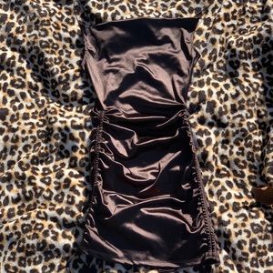 Cowl neck drawstring ruched satin dress